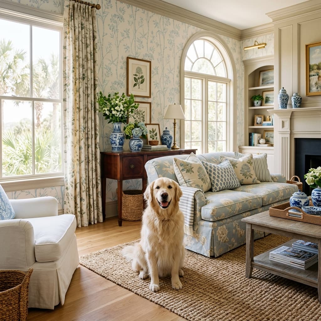 Golden Retriever dog sitting in a beautifully styled coastal living room with blue and white Grand Millennial decor